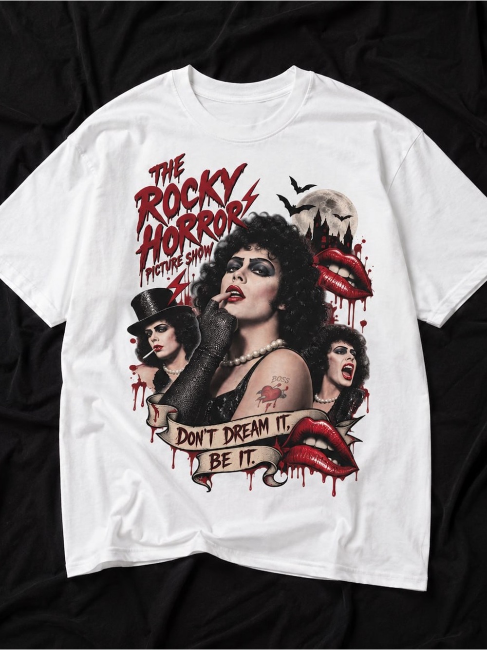 Gildan White Rocky Horror Picture Show Graphic Tee with Red & Black Artwork